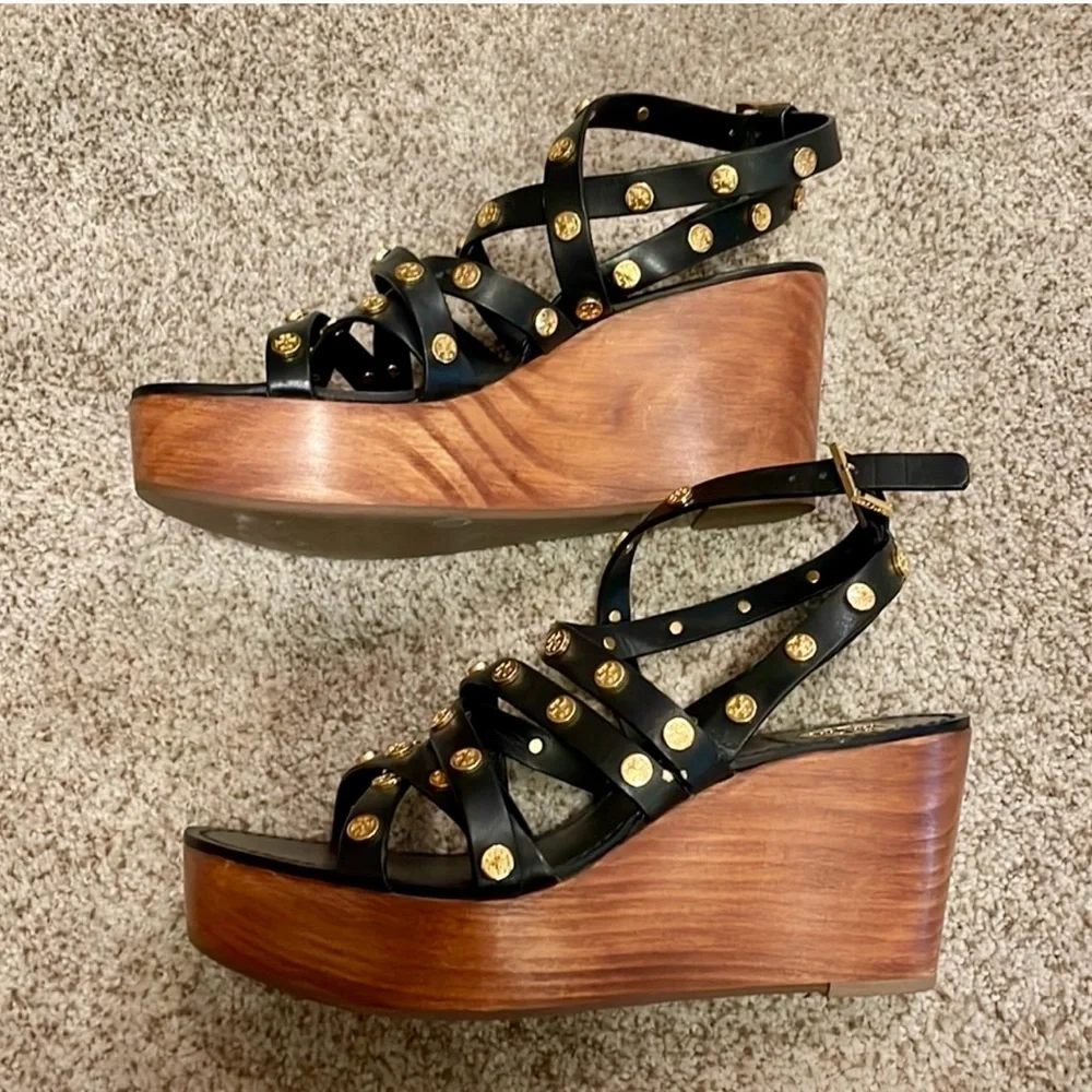 Tory Burch Black Sandals with Gold Studs, size 7, Like New